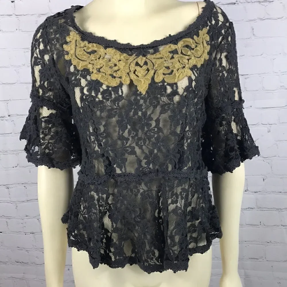 Free People Lace Top 1/2 Sleeve Gold Inset Medium